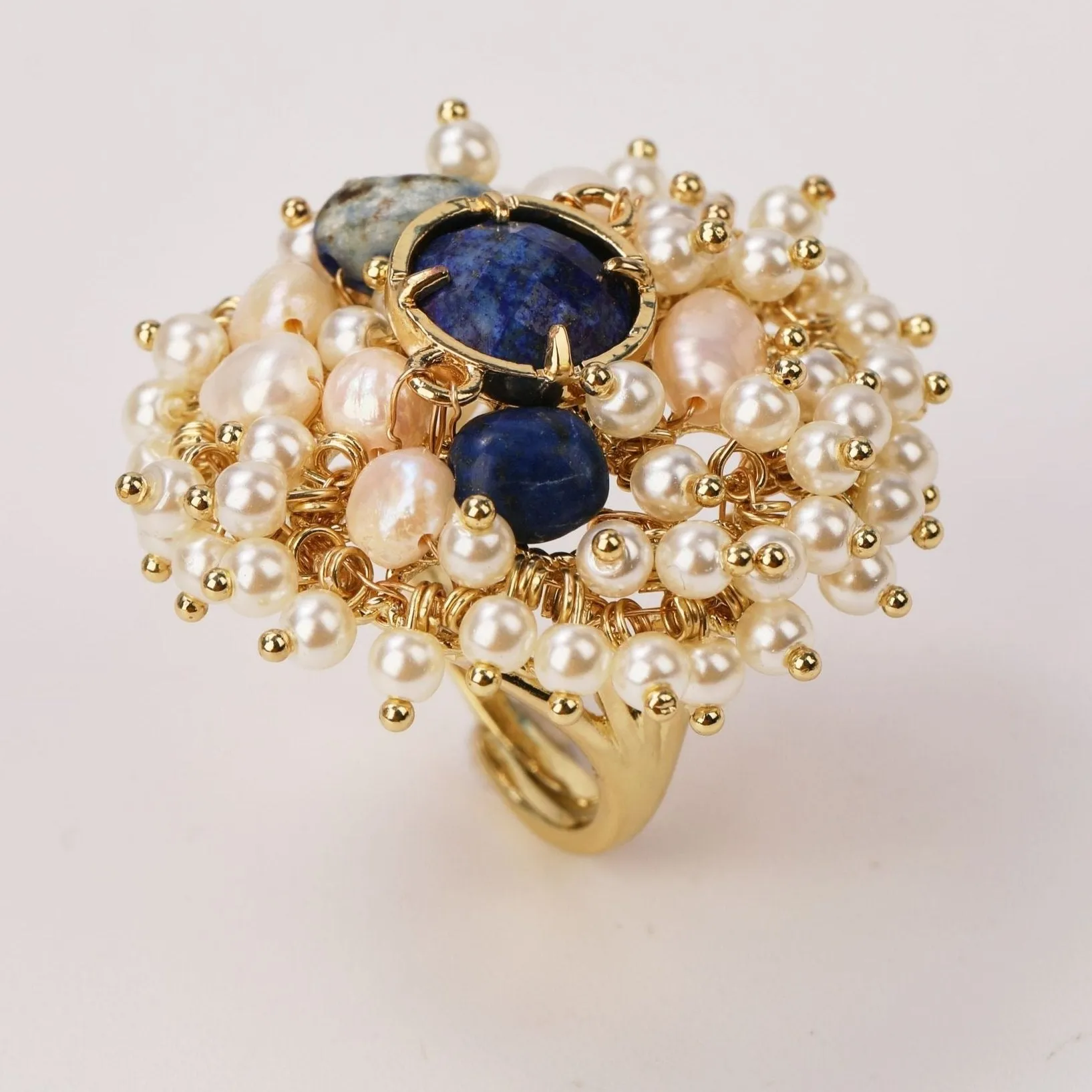 Natural Gemstones & Pearl Beads Ring