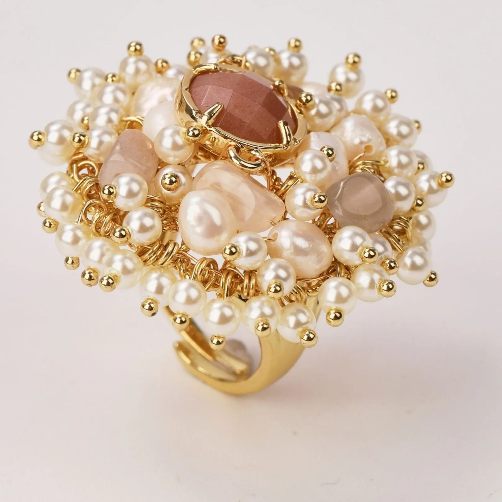 Natural Gemstones & Pearl Beads Ring
