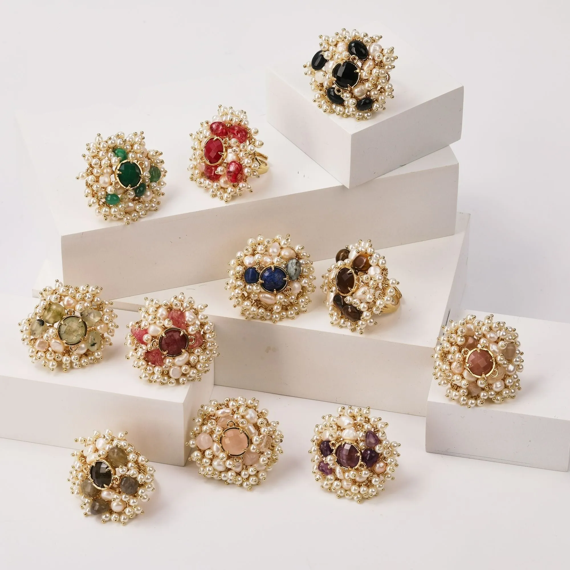 Natural Gemstones & Pearl Beads Ring
