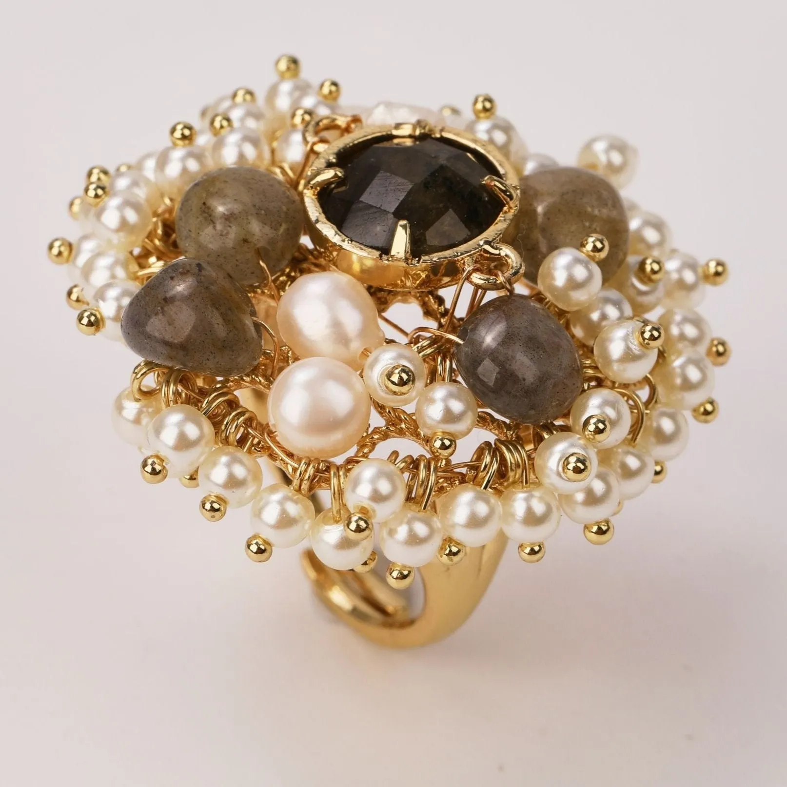 Natural Gemstones & Pearl Beads Ring