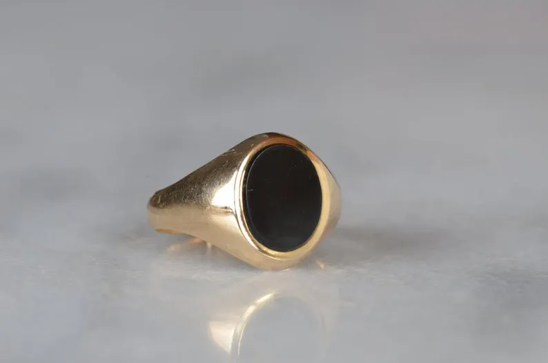 Natural Oval Cut Bezel Set Black Onyx Signet Vintage Ring - 14k Gold Vermeil Rings