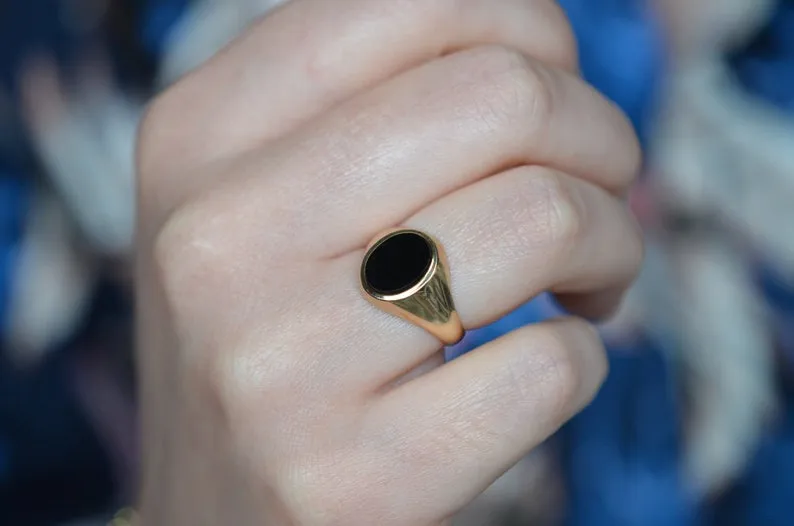 Natural Oval Cut Bezel Set Black Onyx Signet Vintage Ring - 14k Gold Vermeil Rings
