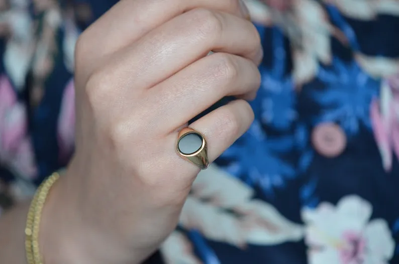 Natural Oval Cut Bezel Set Black Onyx Signet Vintage Ring - 14k Gold Vermeil Rings