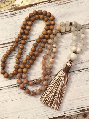 Natural Sandalwood   Moonstone 8mm 108 Mala Beads, Spiritual, Meditation Beads, Reiki, Japa Mala, Buddhist Prayer Beads, Yoga Bracelet, healing beads LKMALA-RRGU-3845, 34 inch