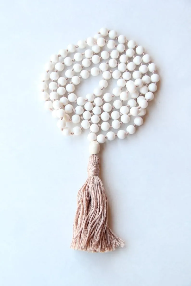 Natural white glass beads 8mm 108 Mala Beads, Spiritual, Meditation Beads, Reiki, Japa Mala, Buddhist Prayer Beads, Yoga Bracelet, healing beads LKMALA-RRGU-2555