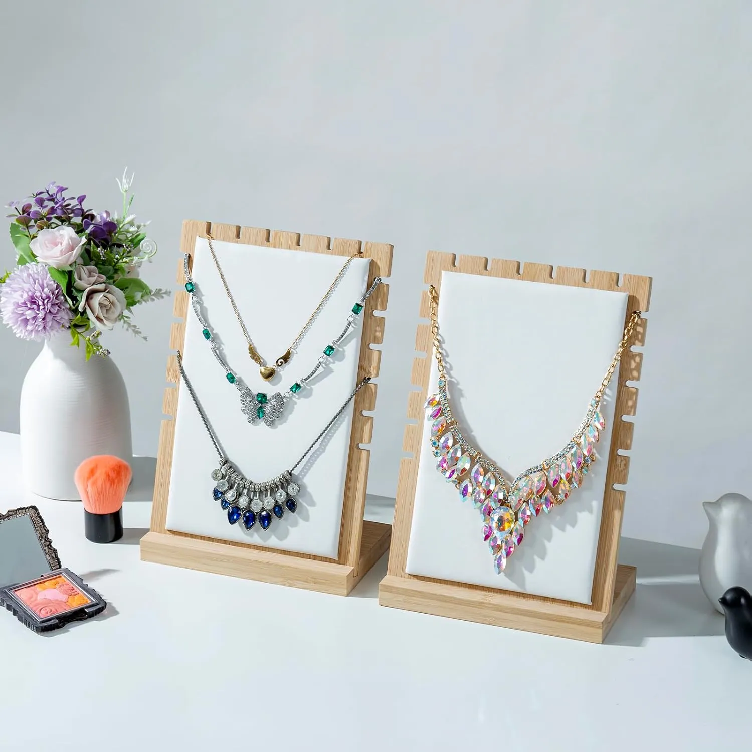necklace display standMyGift 2-Pack Bamboo Jewelry Display Stands with PU Panel & Multi-Rung Design  Detachable Bases, Non-Scratch Surface jewelry display for vendors,