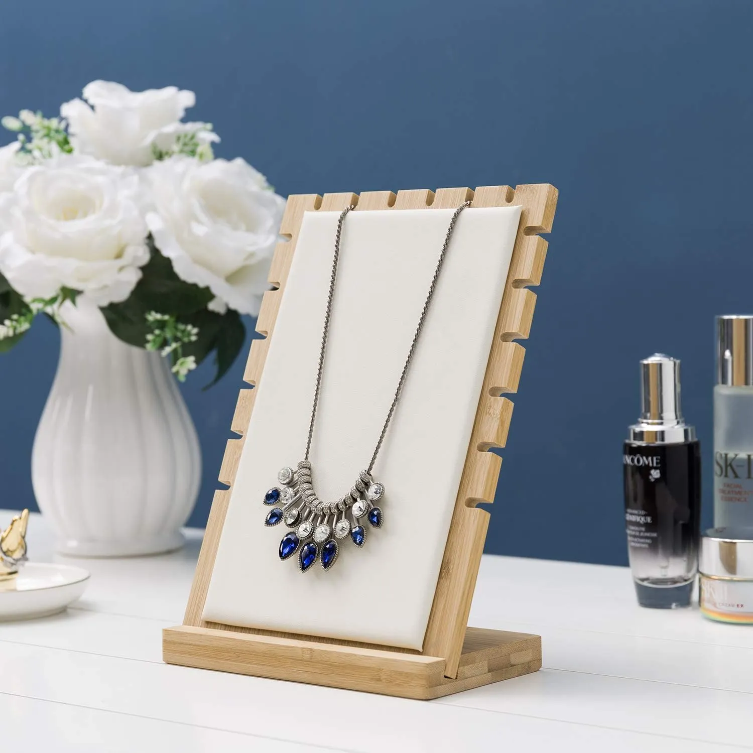 necklace display standMyGift 2-Pack Bamboo Jewelry Display Stands with PU Panel & Multi-Rung Design  Detachable Bases, Non-Scratch Surface jewelry display for vendors,