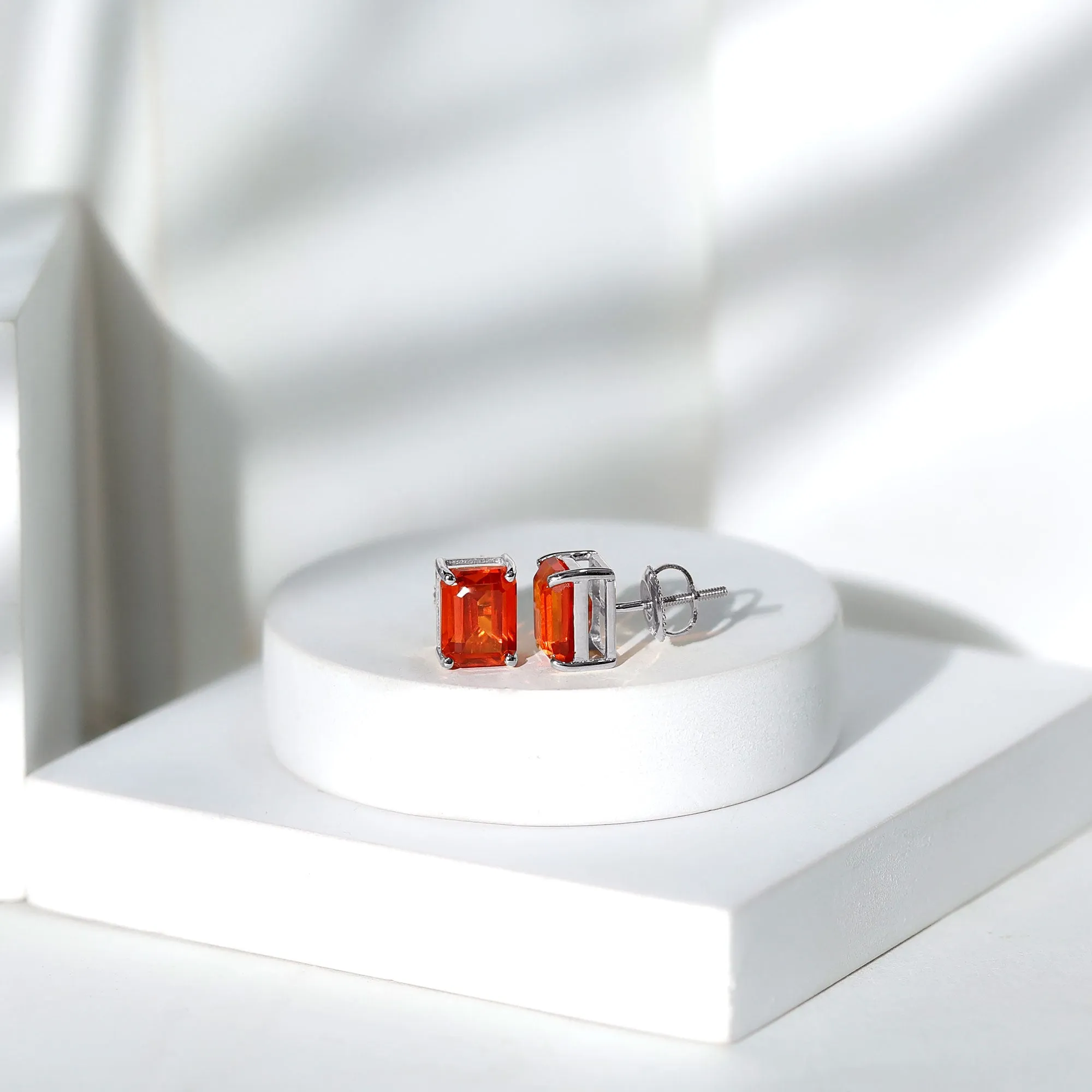 Octagon Cut Created Orange Sapphire Solitaire Stud Earrings