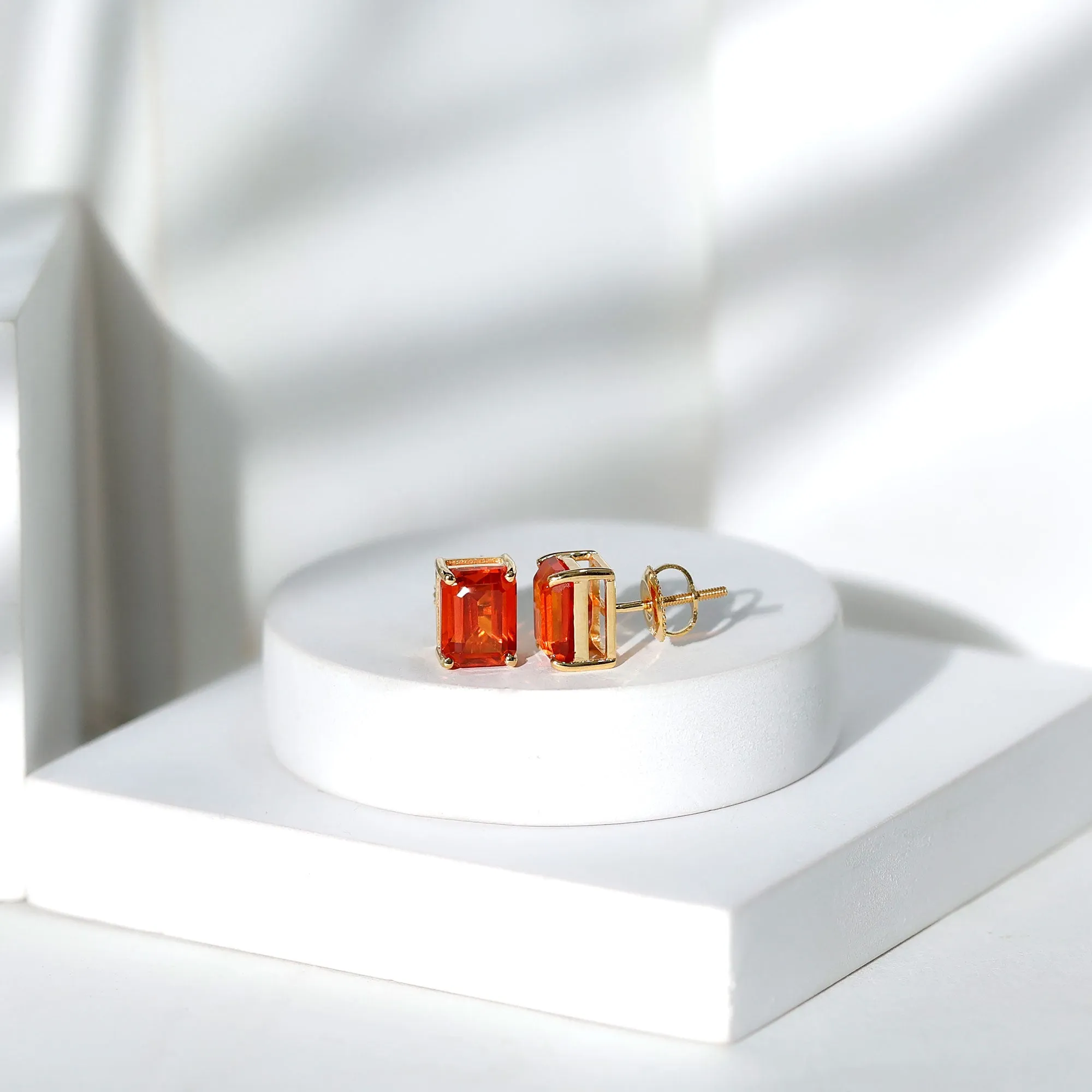 Octagon Cut Created Orange Sapphire Solitaire Stud Earrings