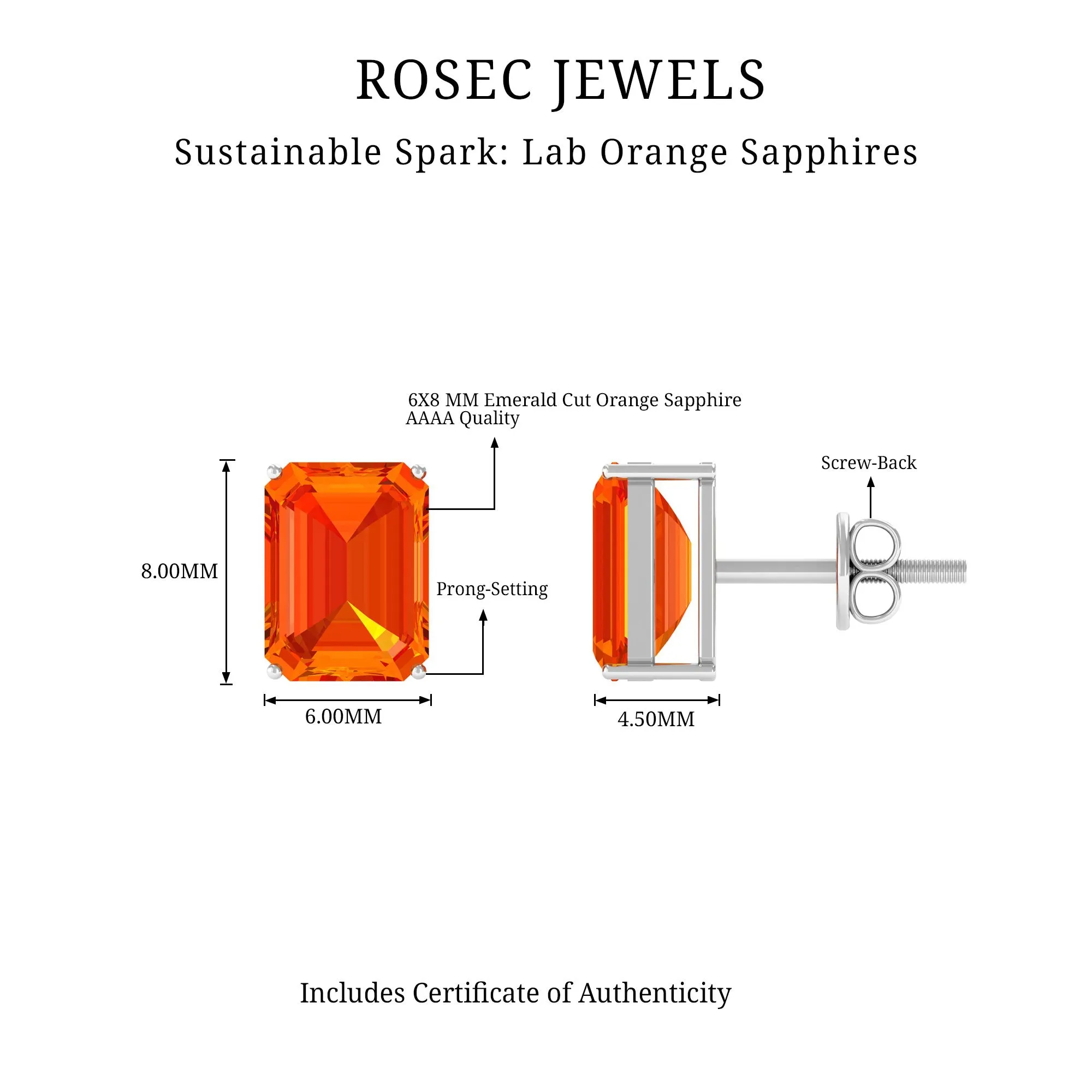 Octagon Cut Created Orange Sapphire Solitaire Stud Earrings