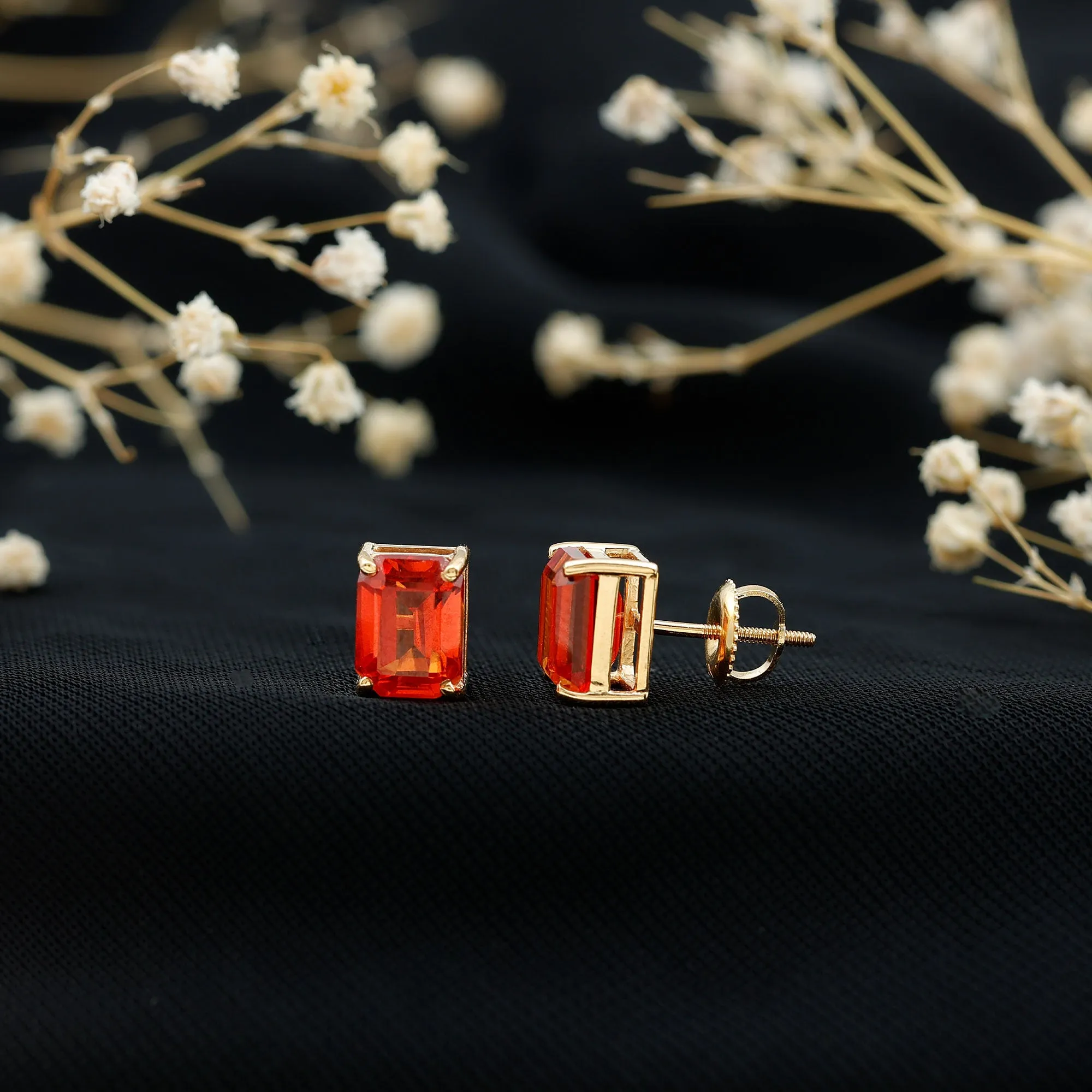 Octagon Cut Created Orange Sapphire Solitaire Stud Earrings