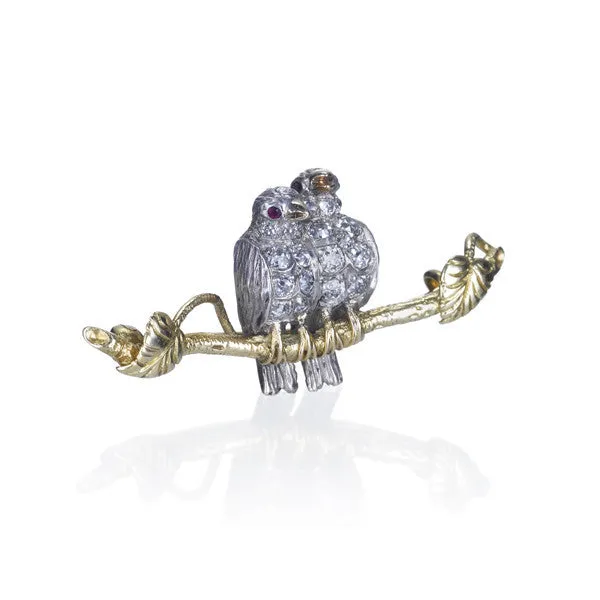 Old Mine Cut Diamond & Ruby 'Lovebird' Bird Pin