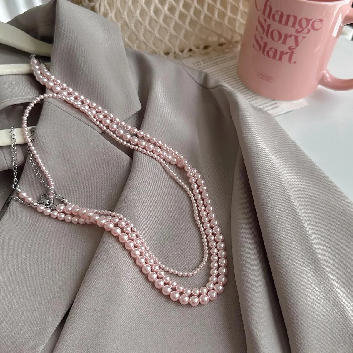 Pale Pink Pearl Necklace for Women 4mm 6mm 8mm 14-18" Round Faux Pearl Choker Strand Jewelry Gifts