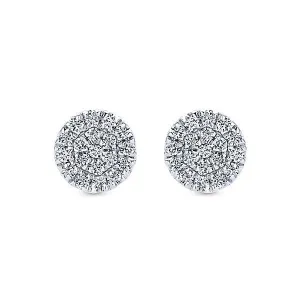 Pave Diamond Circle Cluster Stud Earrings 14K White Gold