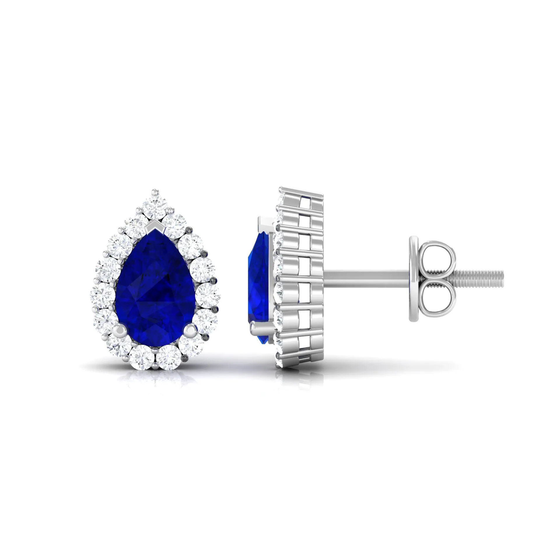 Pear Shape Lab Grown Blue Sapphire Stud Earrings with Diamond Halo