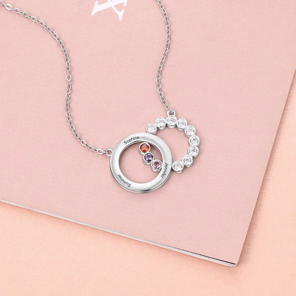 Personalized Name Interlocking Circle Pendants Custom 3 Birthstones Necklaces
