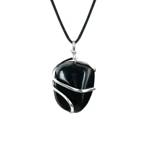 PYOR Black Agate Crystal Tumbled Necklace Wire Wrapped Crystals Natural Gemstones Chakra Balancing Energy Generator Good Luck Spiritual Gift Success Stones And Necklaces Prosperity Stone Silver Chain