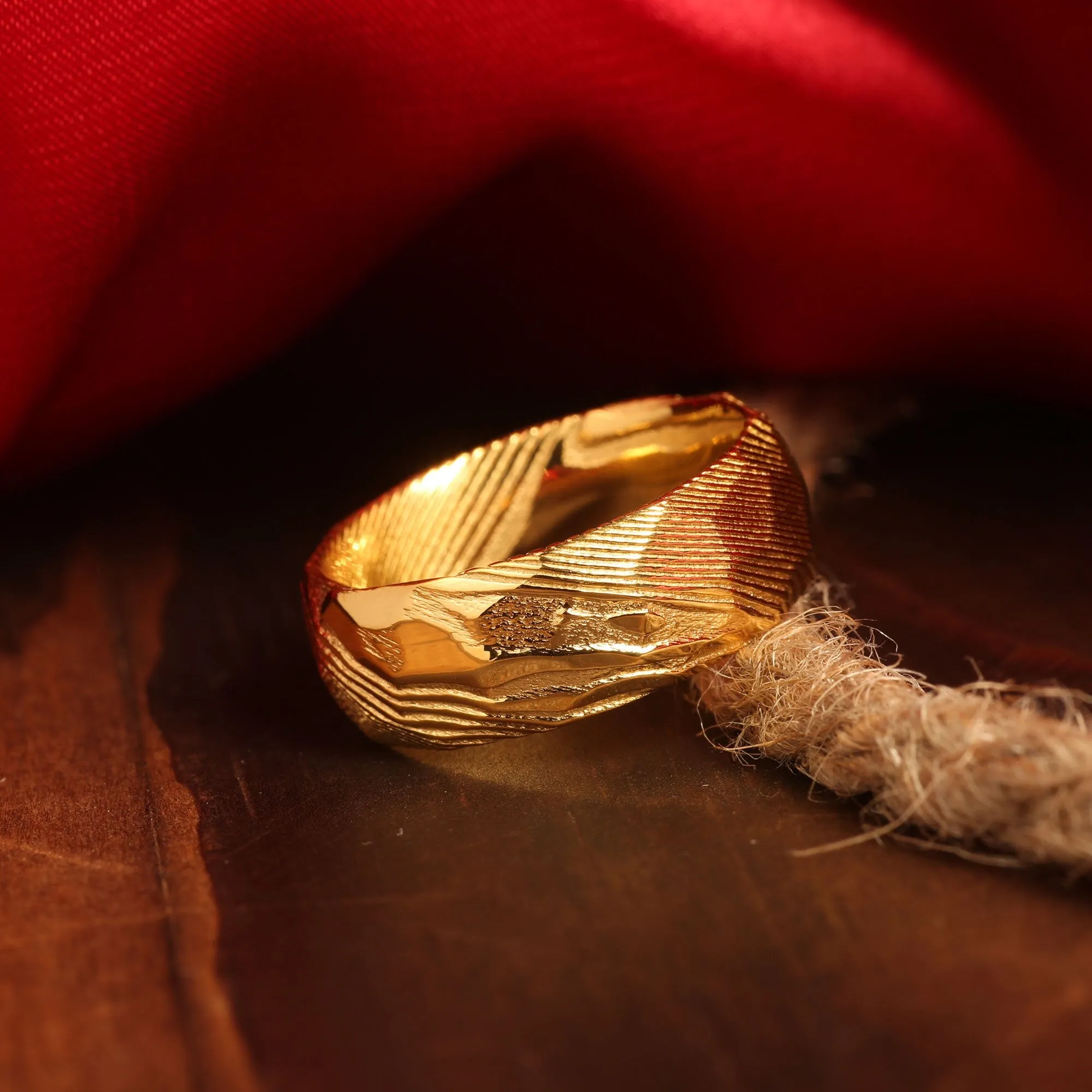 "Golden Forge" Gold Damascus Steel Ring, Hammered Design-8mm