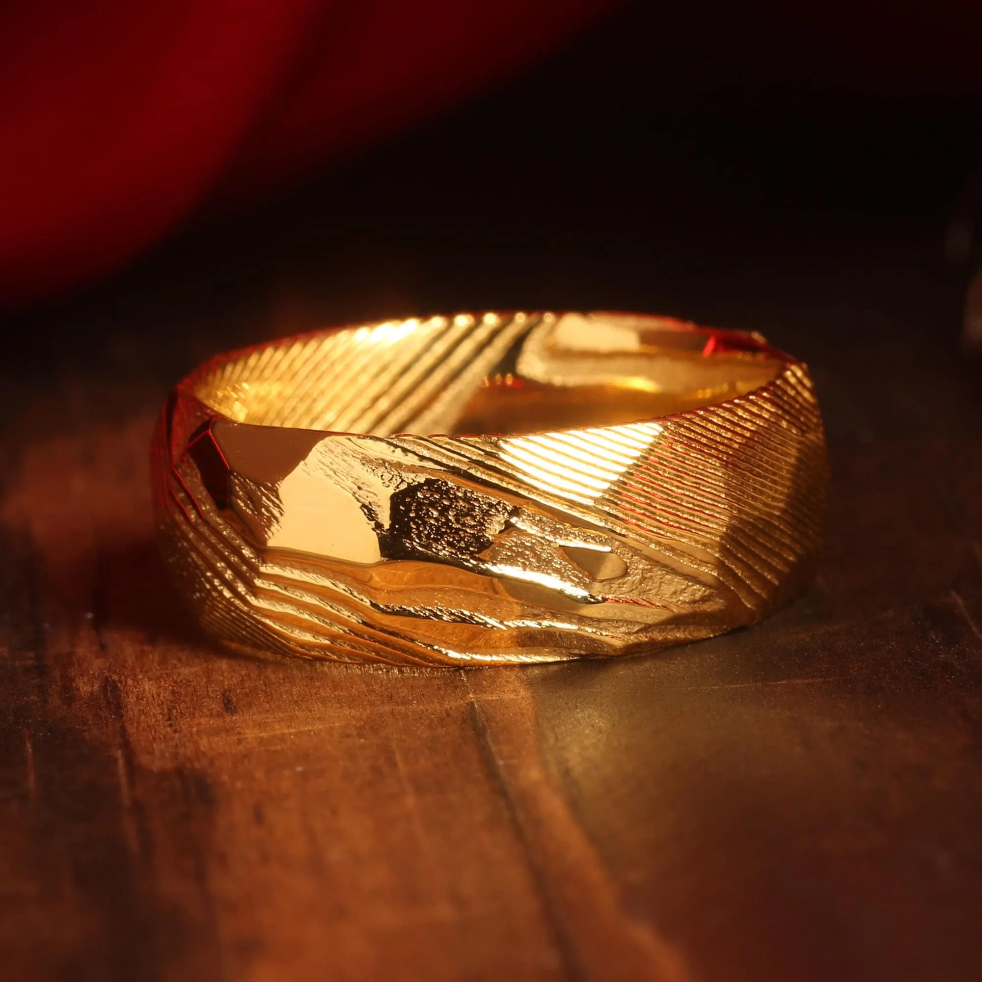 "Golden Forge" Gold Damascus Steel Ring, Hammered Design-8mm