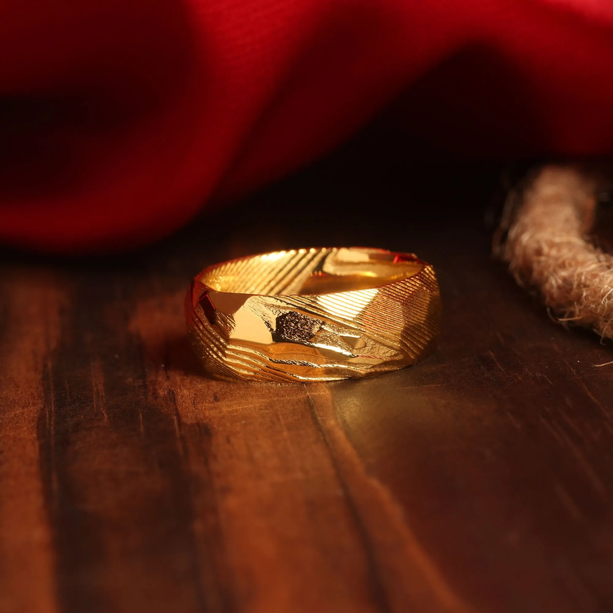 "Golden Forge" Gold Damascus Steel Ring, Hammered Design-8mm