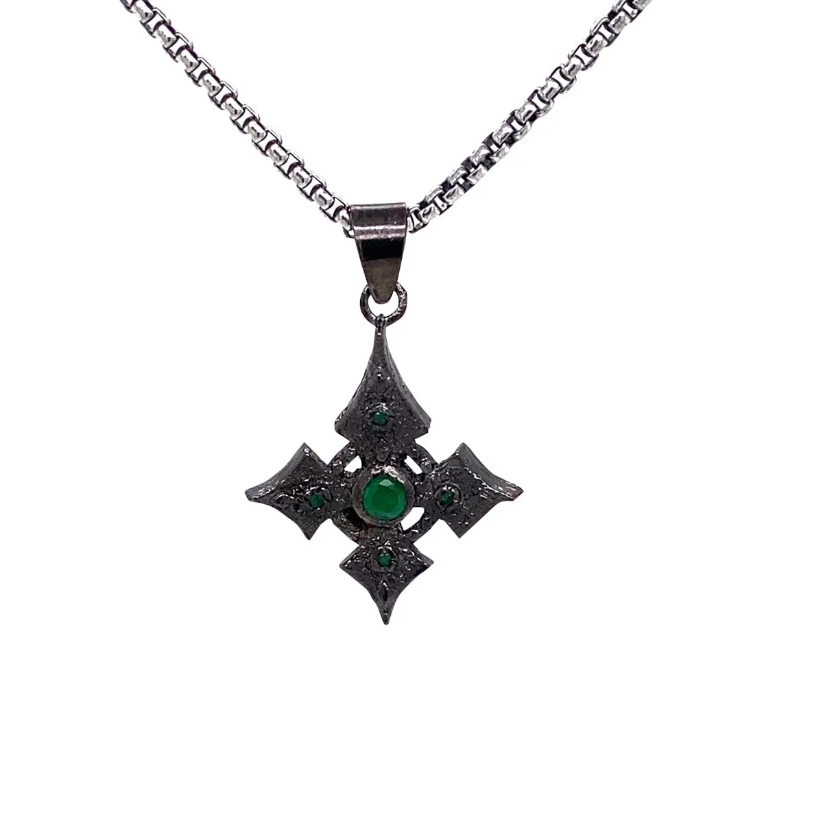 Raw Diamond Collection - Silver and Black Rhodium Cross Small - Emerald
