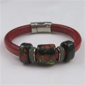 Red Leather Bracelet with Black Handmade Ceramic Accents