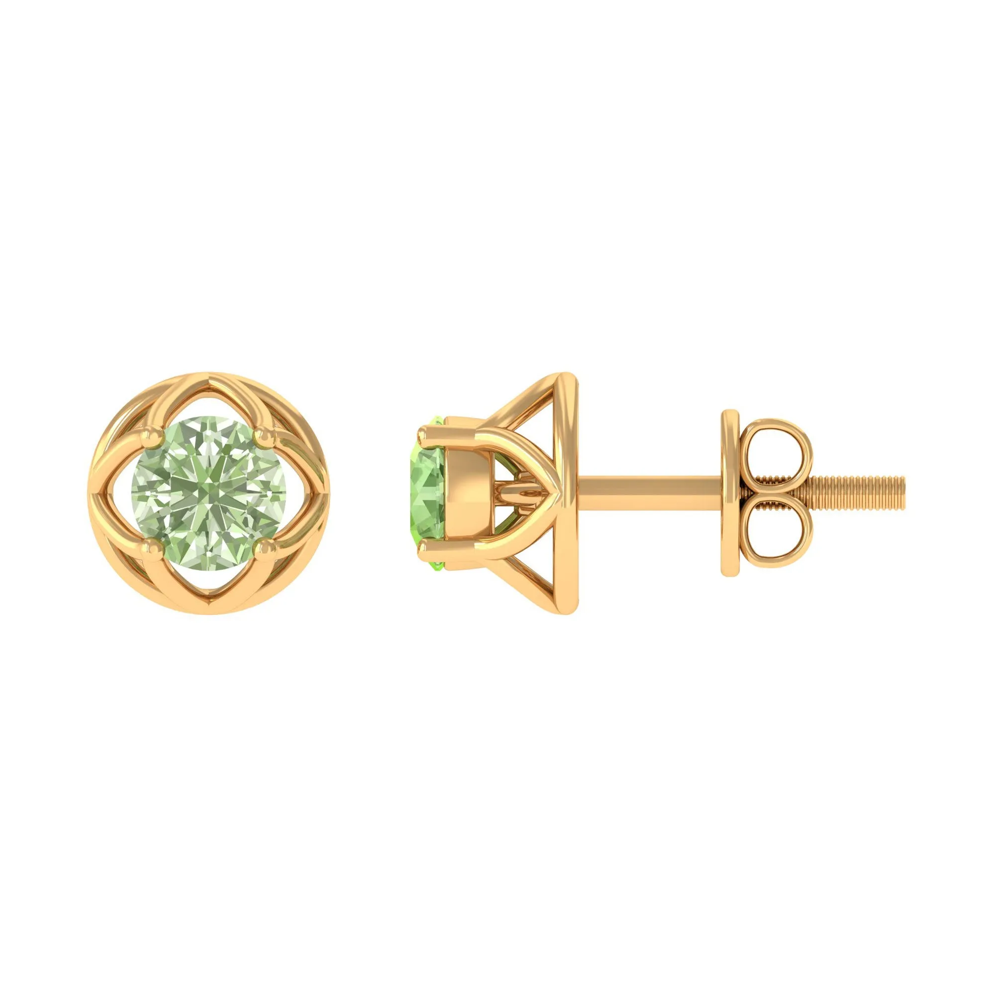Round Green Sapphire Solitaire Flower Stud Earrings