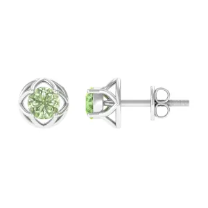 Round Green Sapphire Solitaire Flower Stud Earrings