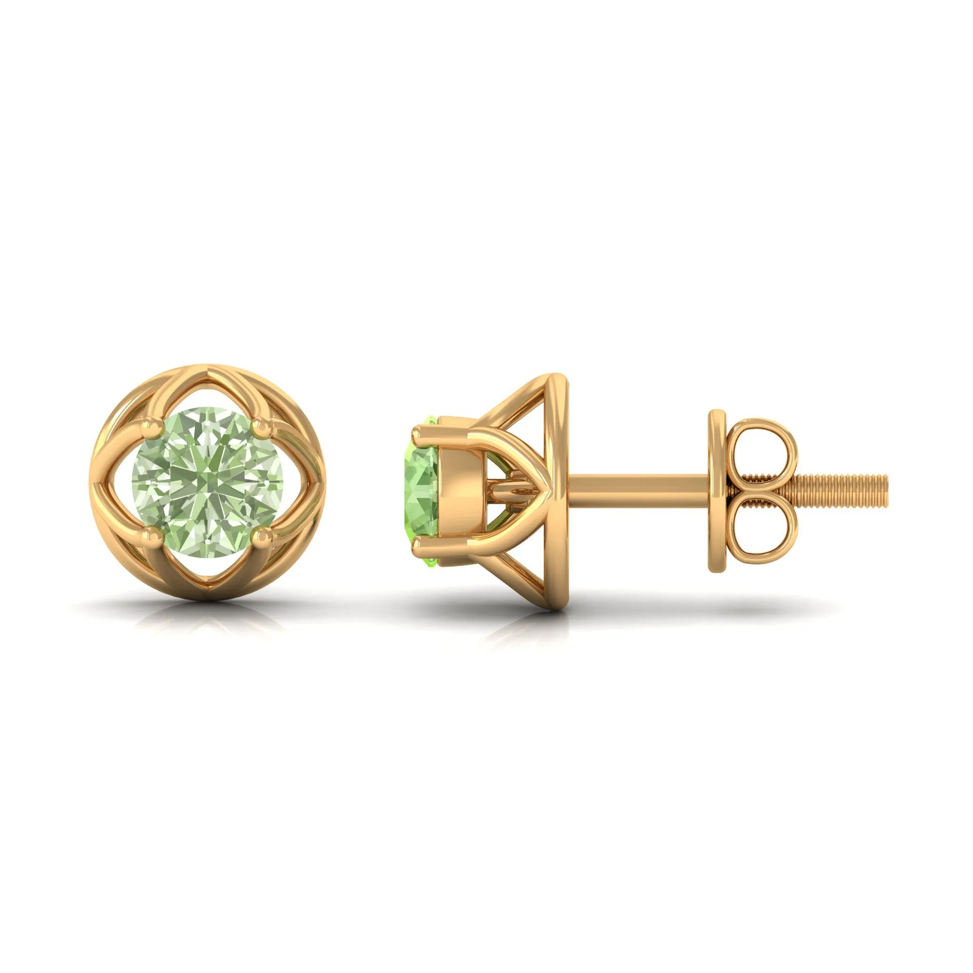 Round Green Sapphire Solitaire Flower Stud Earrings