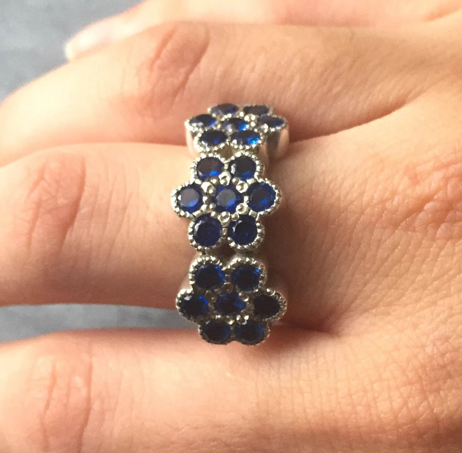 Sapphire Flower Ring - Wide Blue Ring - Vintage Flower Ring