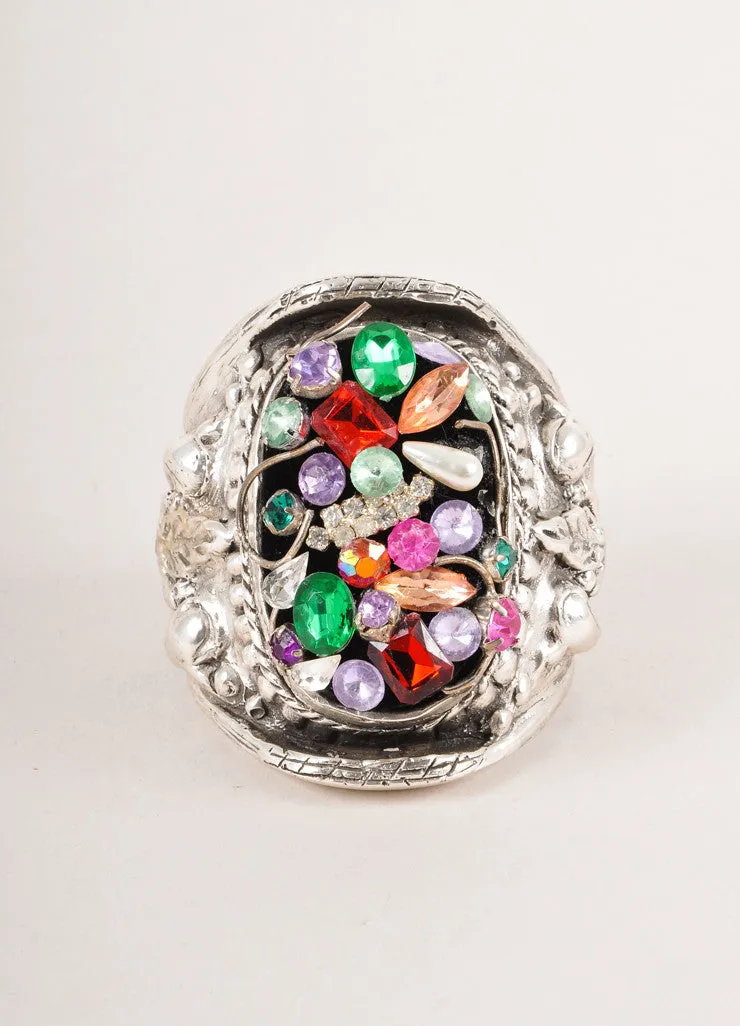 Silver and Multicolor Beaded Textured Cuff Bracelet