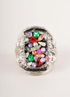 Silver and Multicolor Beaded Textured Cuff Bracelet