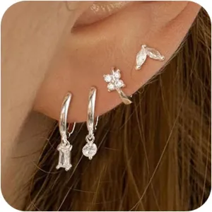 Silver Earrings Set for Women, Dainty Huggie Hoop Earrings 14k Gold/Silver Plated Lightweight Cartilage Earrings Trendy Hypoallergenic Silver Diamond Earrings Small Silver Hoop Earrings Set Silver Jewelry