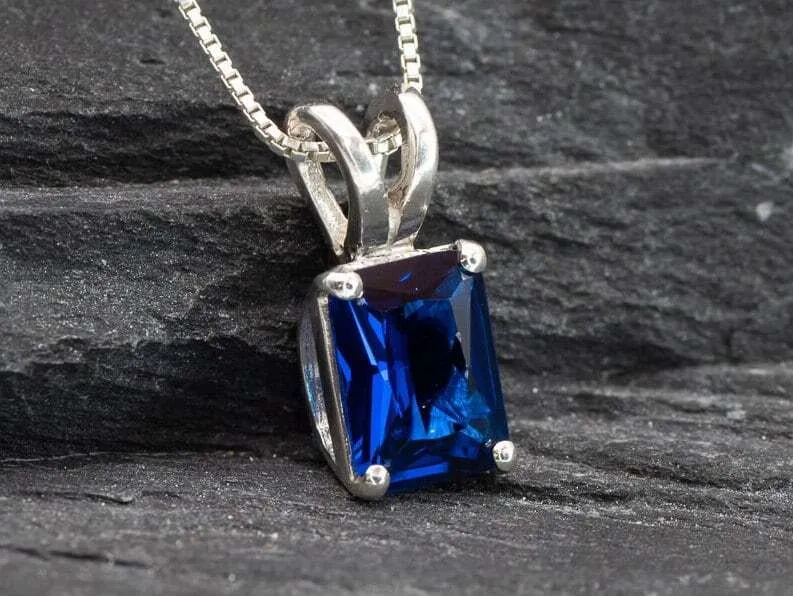 Square Sapphire Pendant - Classic Blue Necklace - Vintage Square Necklace