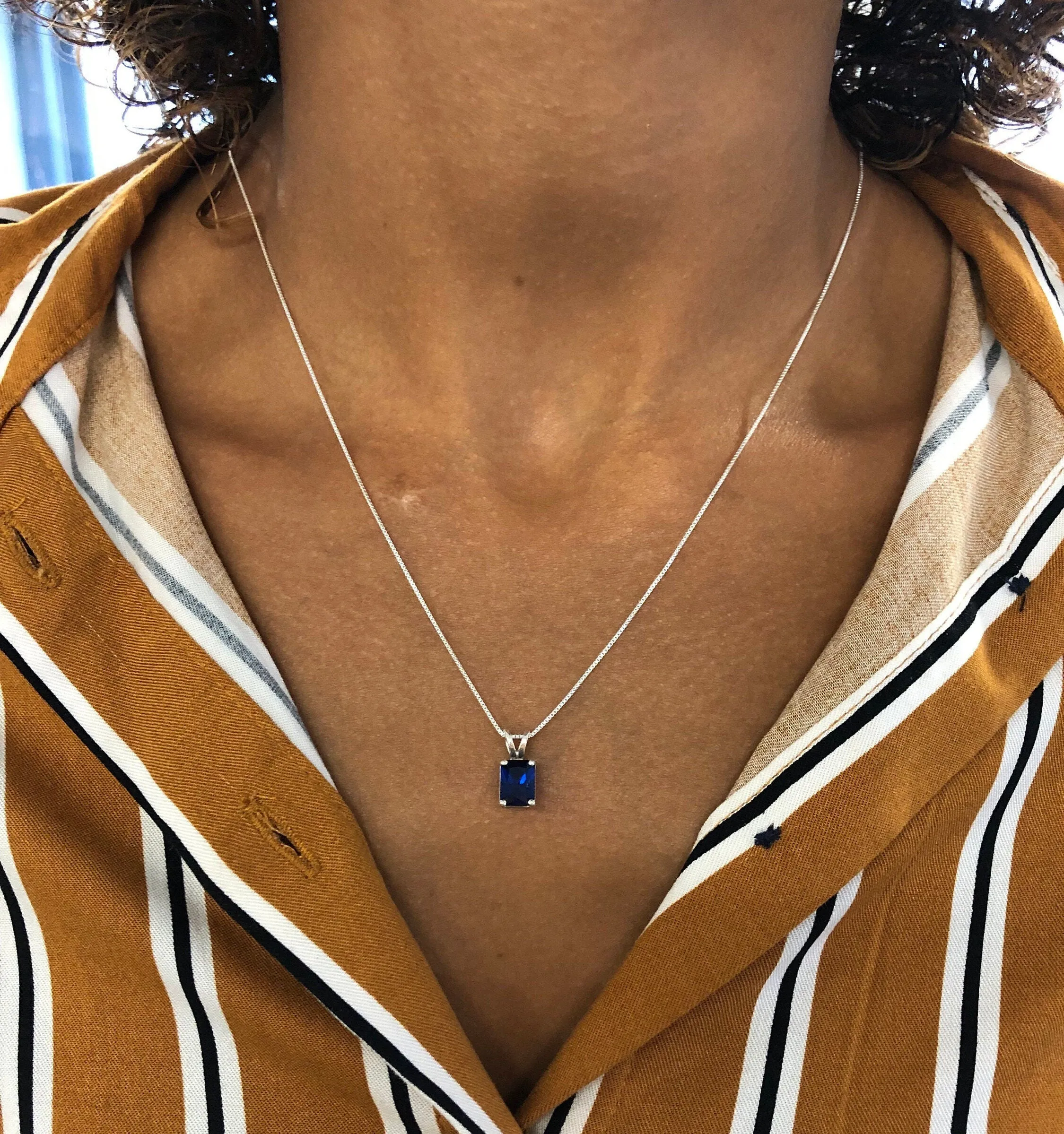 Square Sapphire Pendant - Classic Blue Necklace - Vintage Square Necklace