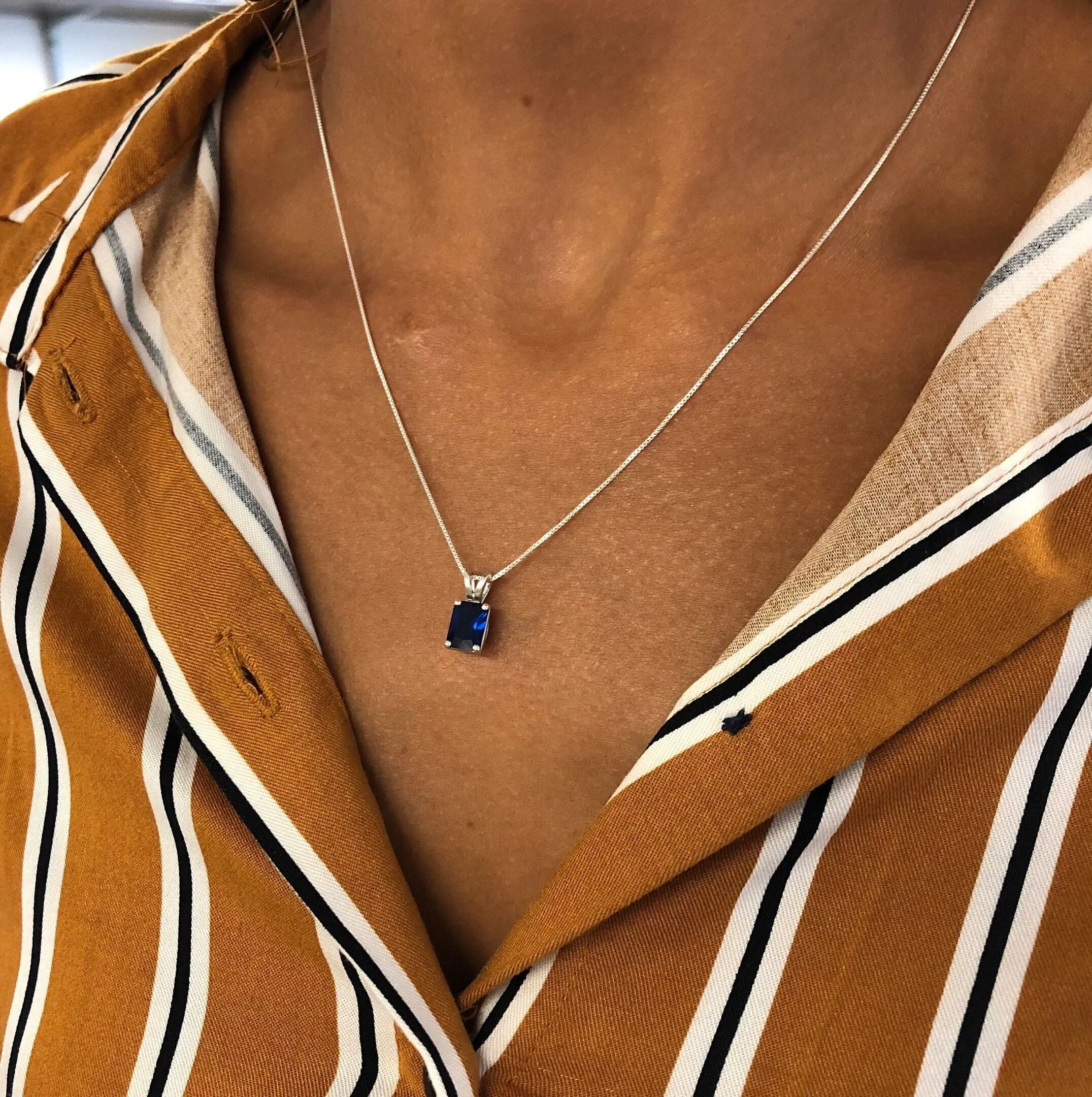 Square Sapphire Pendant - Classic Blue Necklace - Vintage Square Necklace