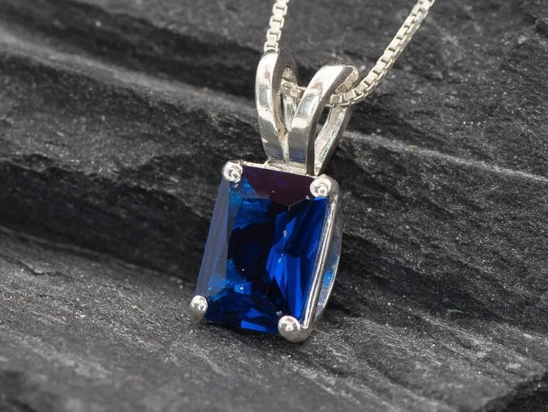 Square Sapphire Pendant - Classic Blue Necklace - Vintage Square Necklace