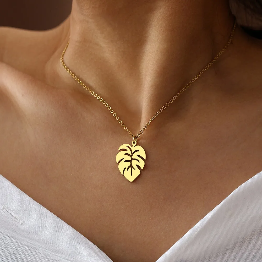 Stainless Steel Necklaces Classic Big Leaves Charm Pendant Chain Choker Fashion Necklace Jewelry