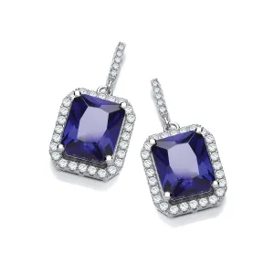 Sterling Silver Large Blue Sapphire Emerald Cut CZ Drop Earrings