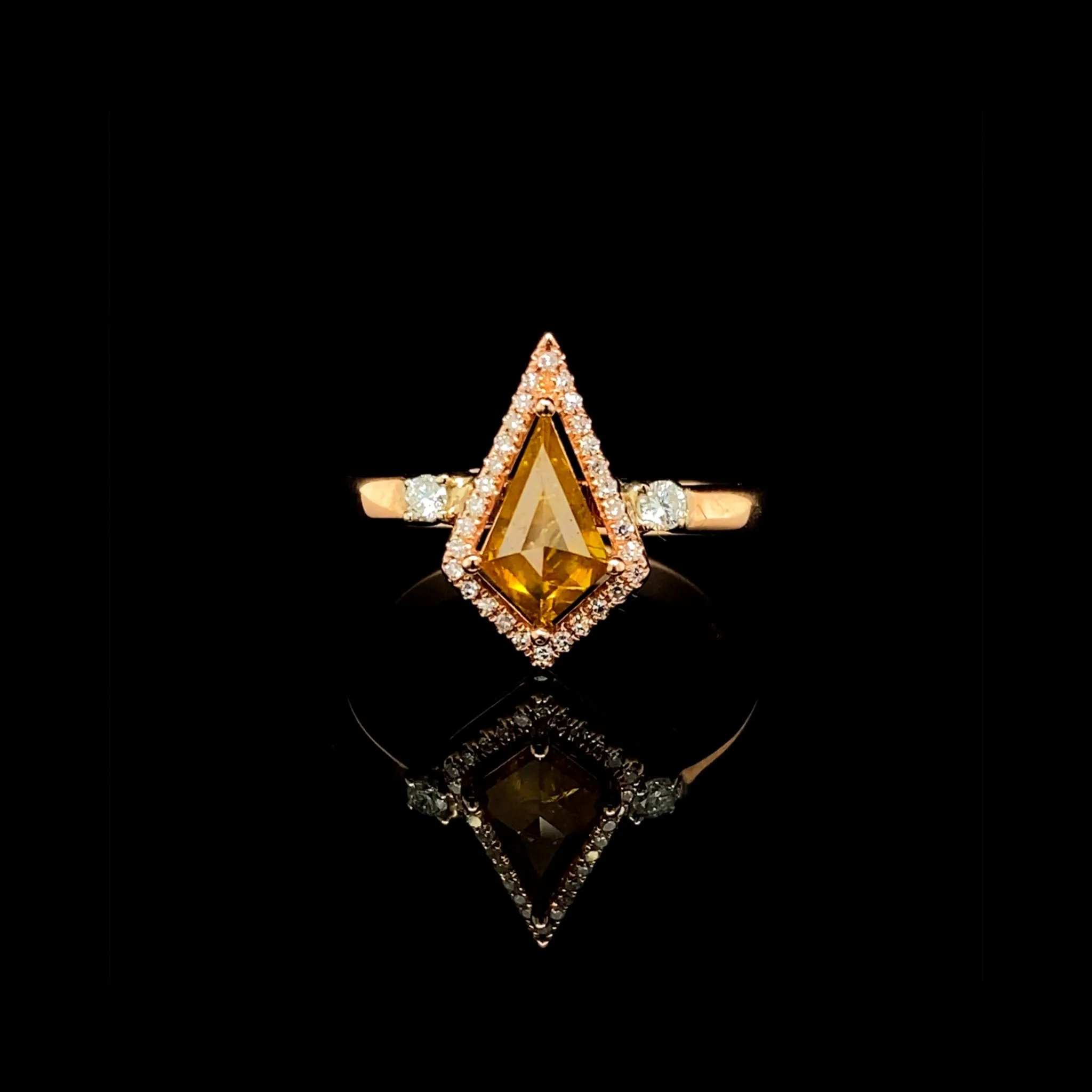 The Archives |  2.0ct Kite Cut Orange Diamond Halo Paved Band 14kt