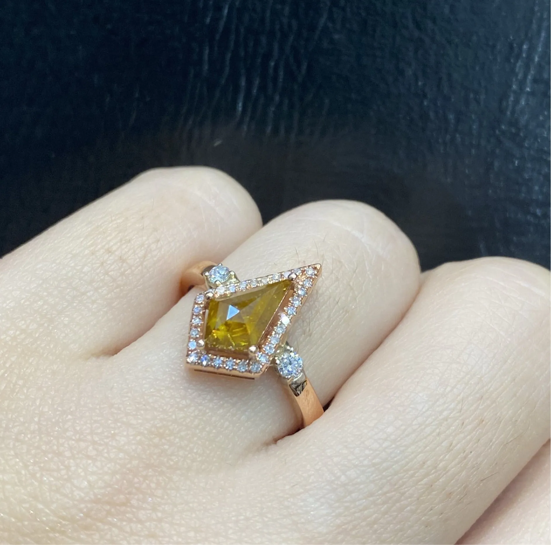 The Archives |  2.0ct Kite Cut Orange Diamond Halo Paved Band 14kt