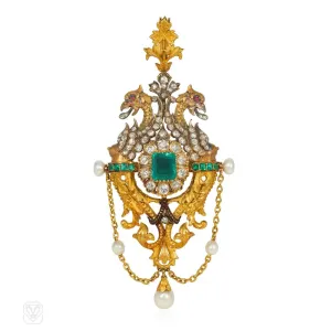 Victorian emerald, pearl and diamond griffin pendant/brooch