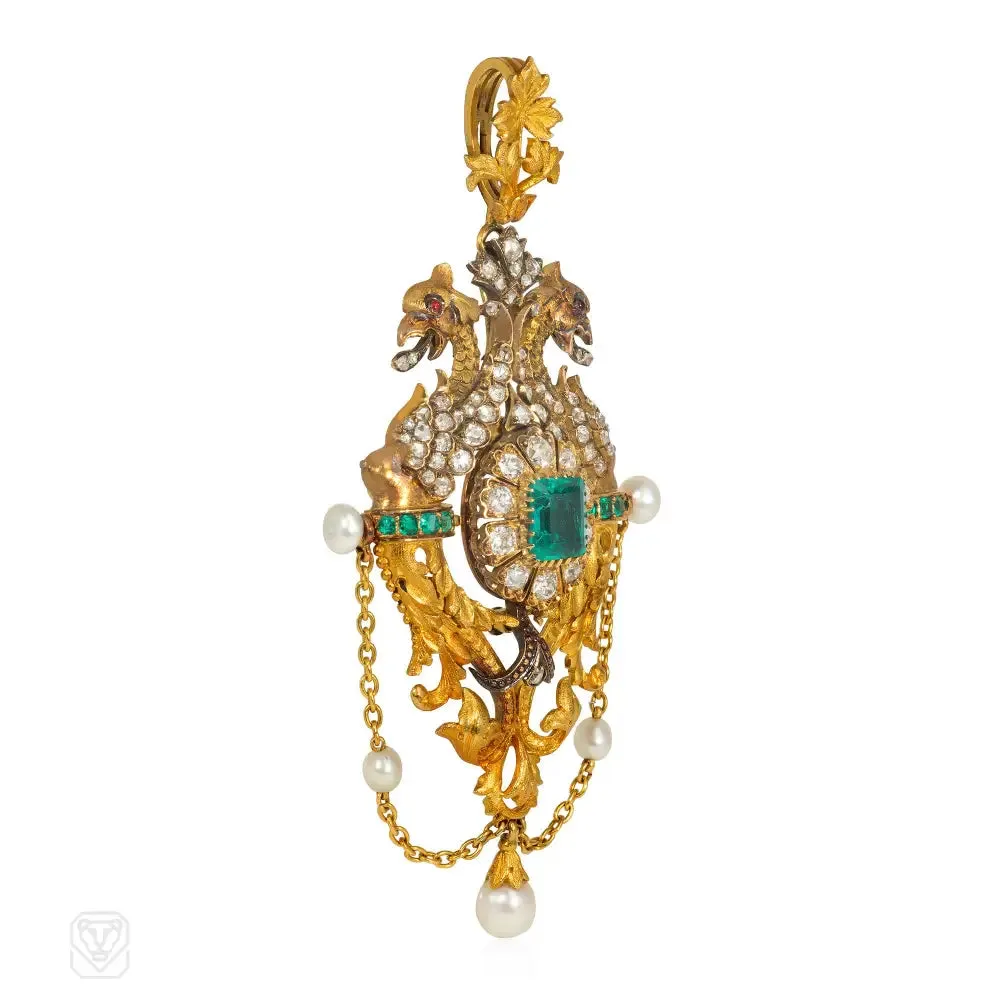 Victorian emerald, pearl and diamond griffin pendant/brooch