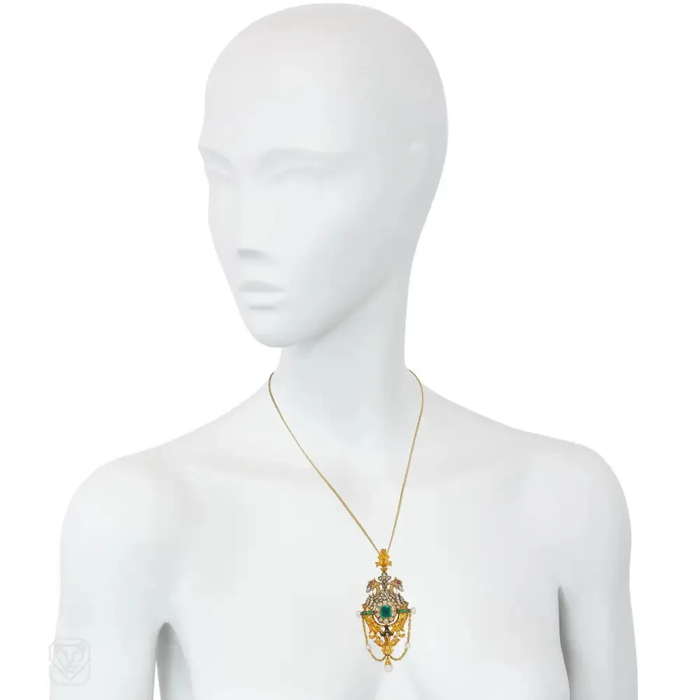 Victorian emerald, pearl and diamond griffin pendant/brooch