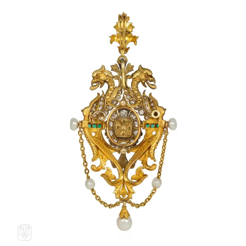 Victorian emerald, pearl and diamond griffin pendant/brooch