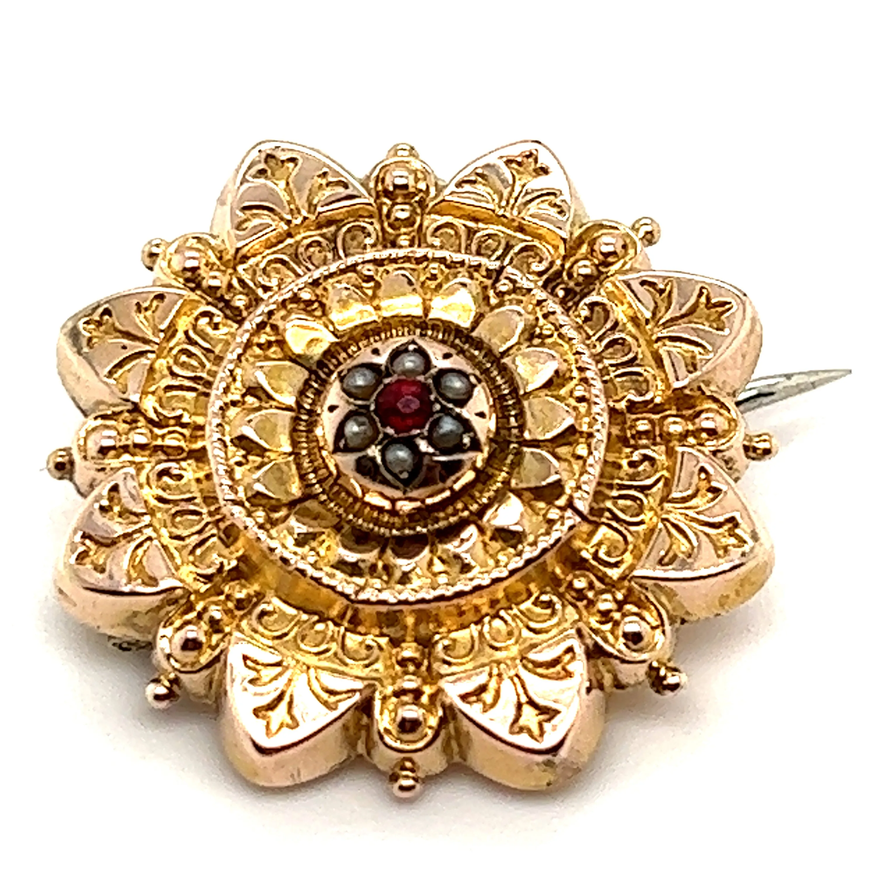 Vintage 9ct Yellow Gold Ruby & Seed Pearl Brooch