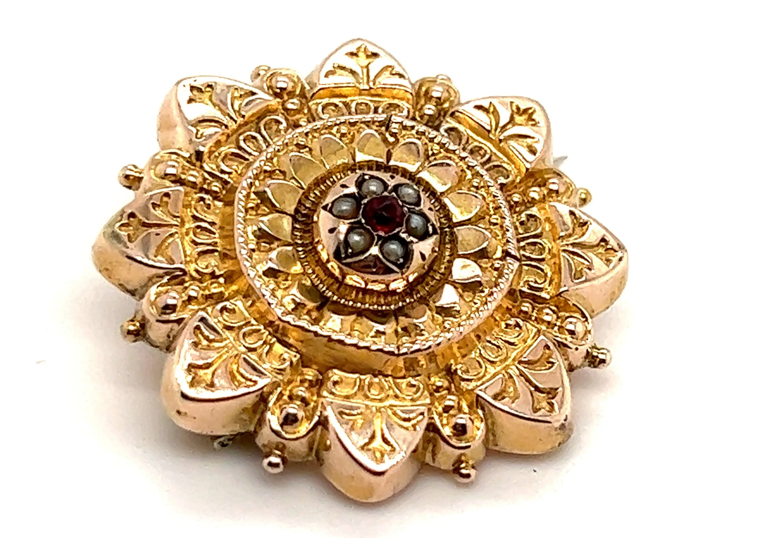 Vintage 9ct Yellow Gold Ruby & Seed Pearl Brooch
