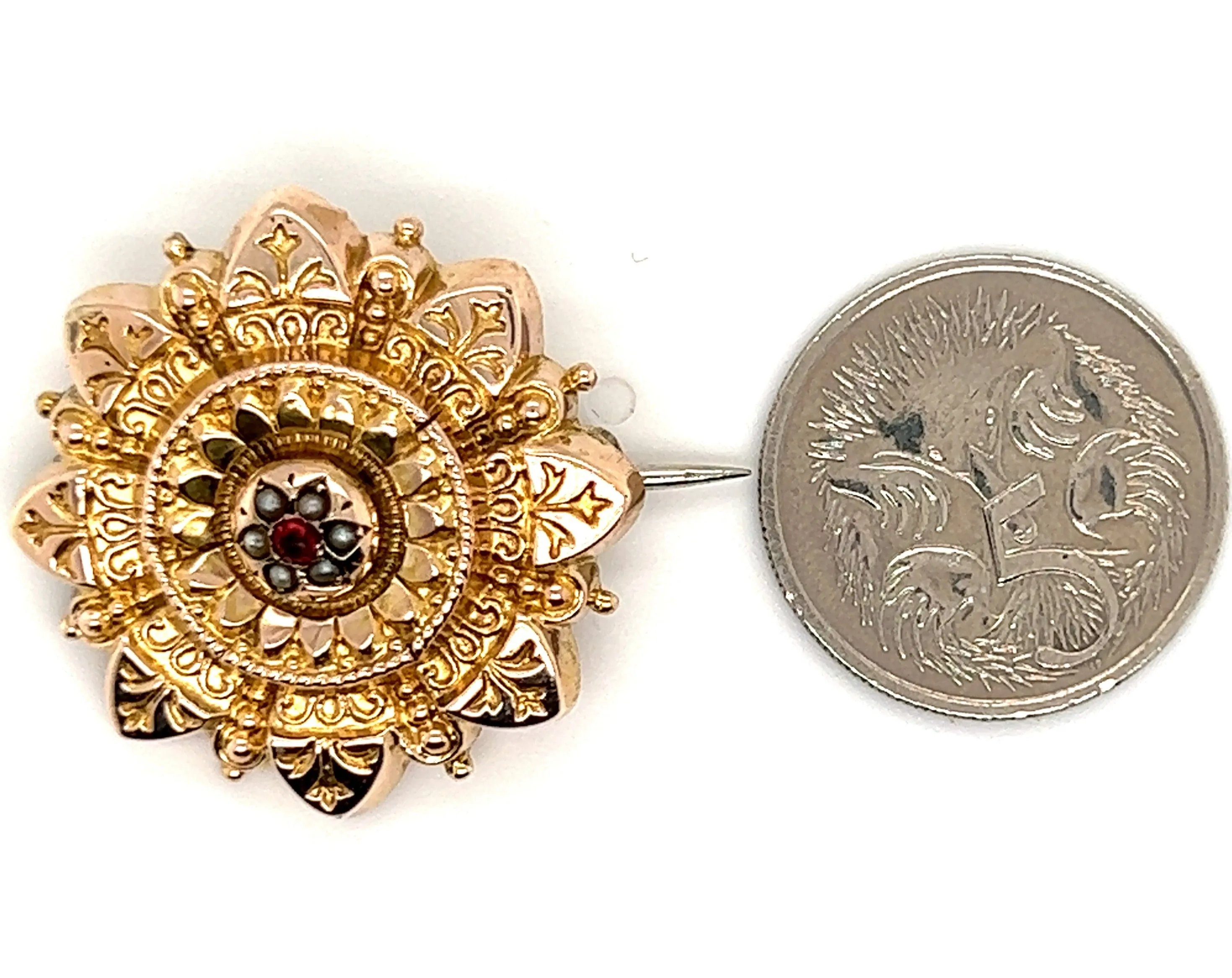 Vintage 9ct Yellow Gold Ruby & Seed Pearl Brooch