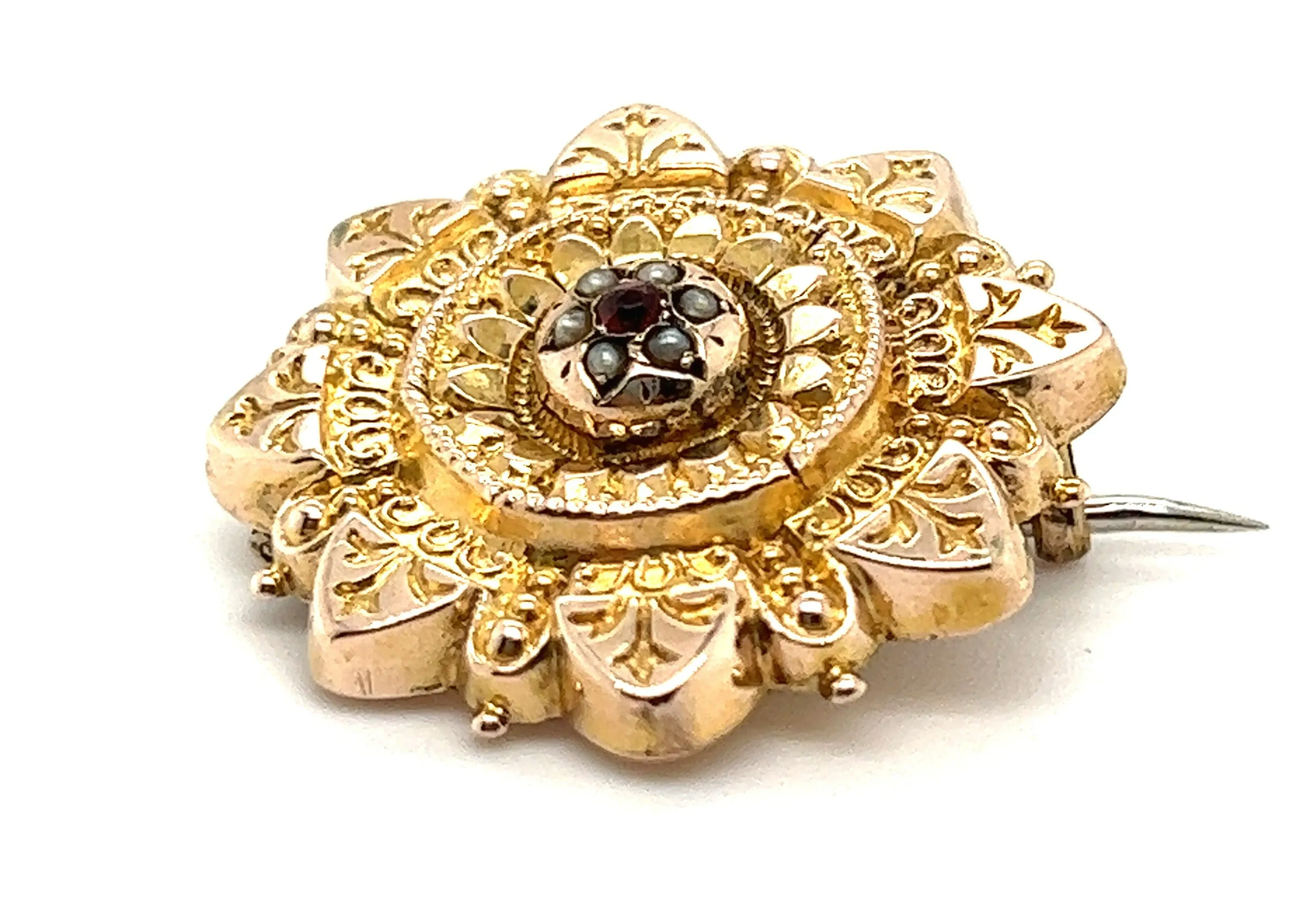 Vintage 9ct Yellow Gold Ruby & Seed Pearl Brooch