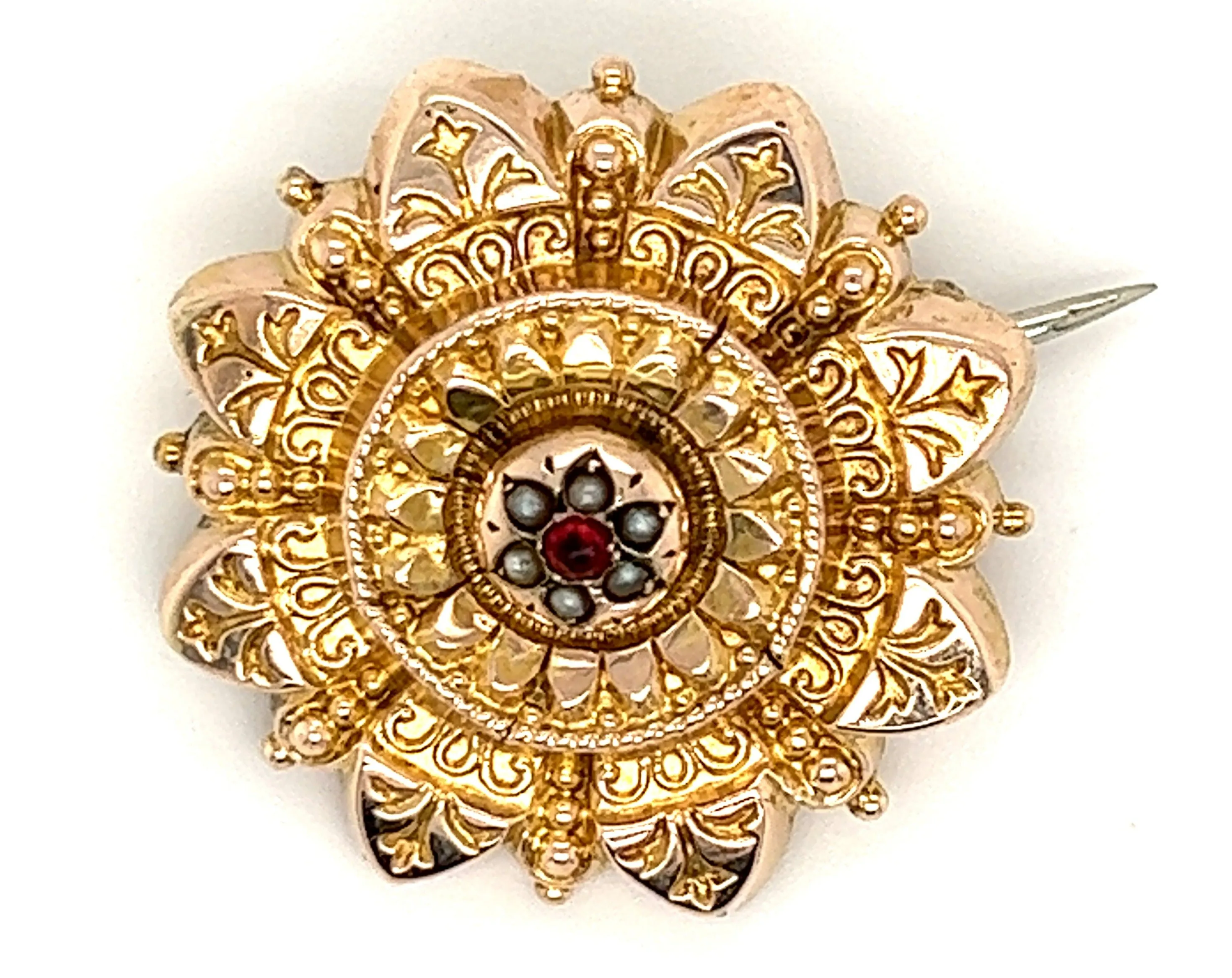 Vintage 9ct Yellow Gold Ruby & Seed Pearl Brooch